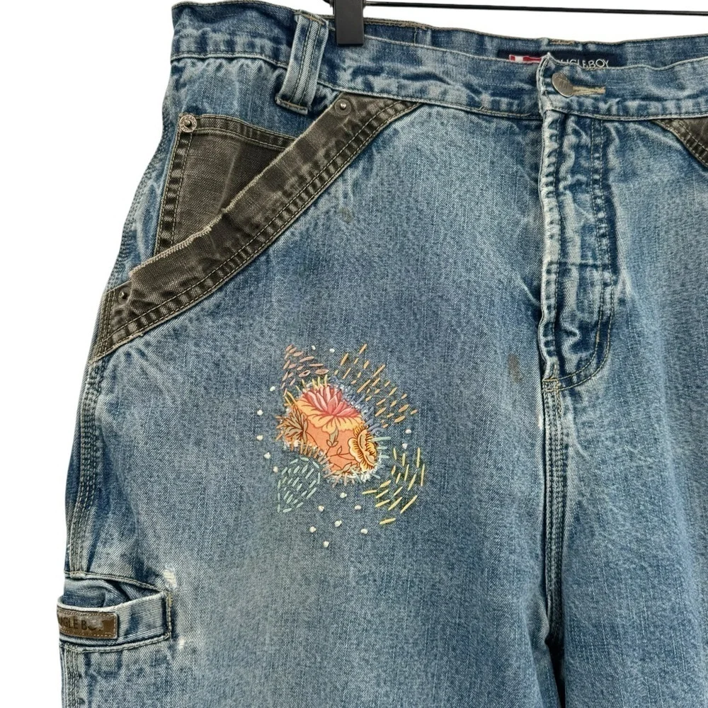 Vintage Bugle Boy Jeans Baggy Loose Fit Distressed Patched Blue Black Denim | 34